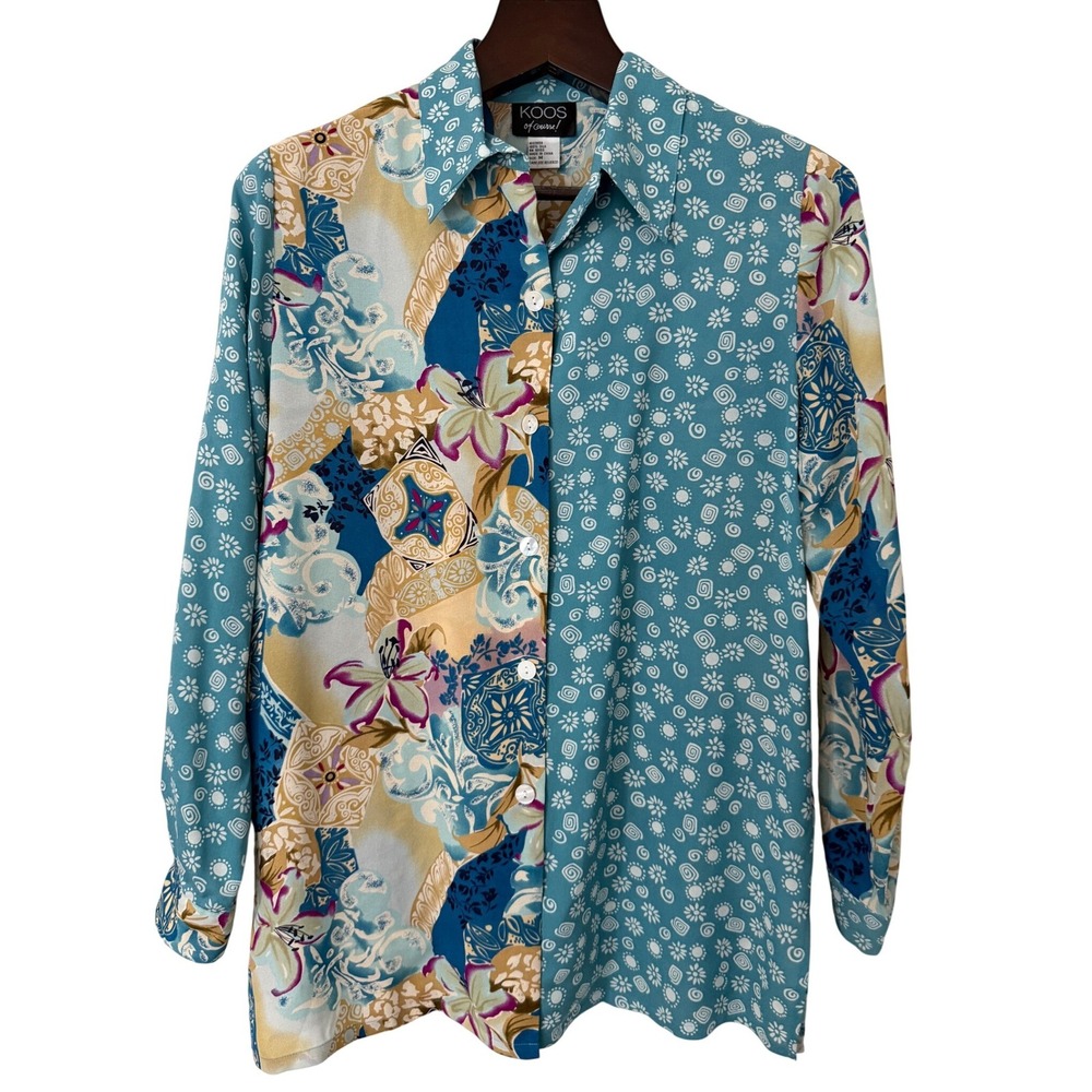 Koos Of Course 100% Silk Mixed Print Button Down Blouse Teal Floral‎ Womens M